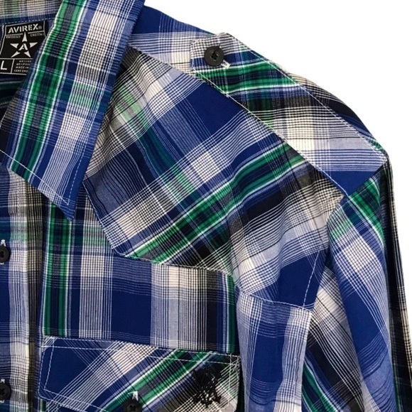 𝅺AVIREX Plaid Blue Green Button Up Long Sleeve Sz L - Picture 3 of 5